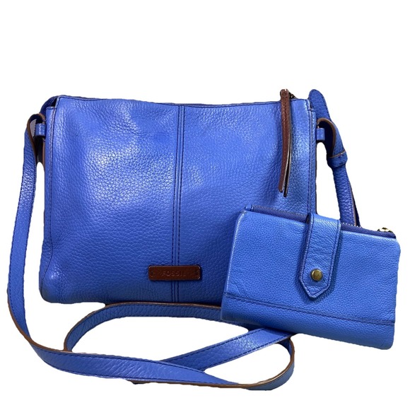 Fossil Handbags - Fossil Blue Leather Crossbody Bag with Matching Wallet